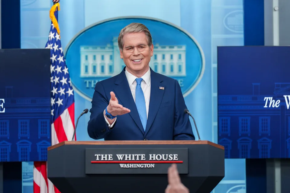 Treasury Secretary Scott Bessent speaking at the White House briefing room podium