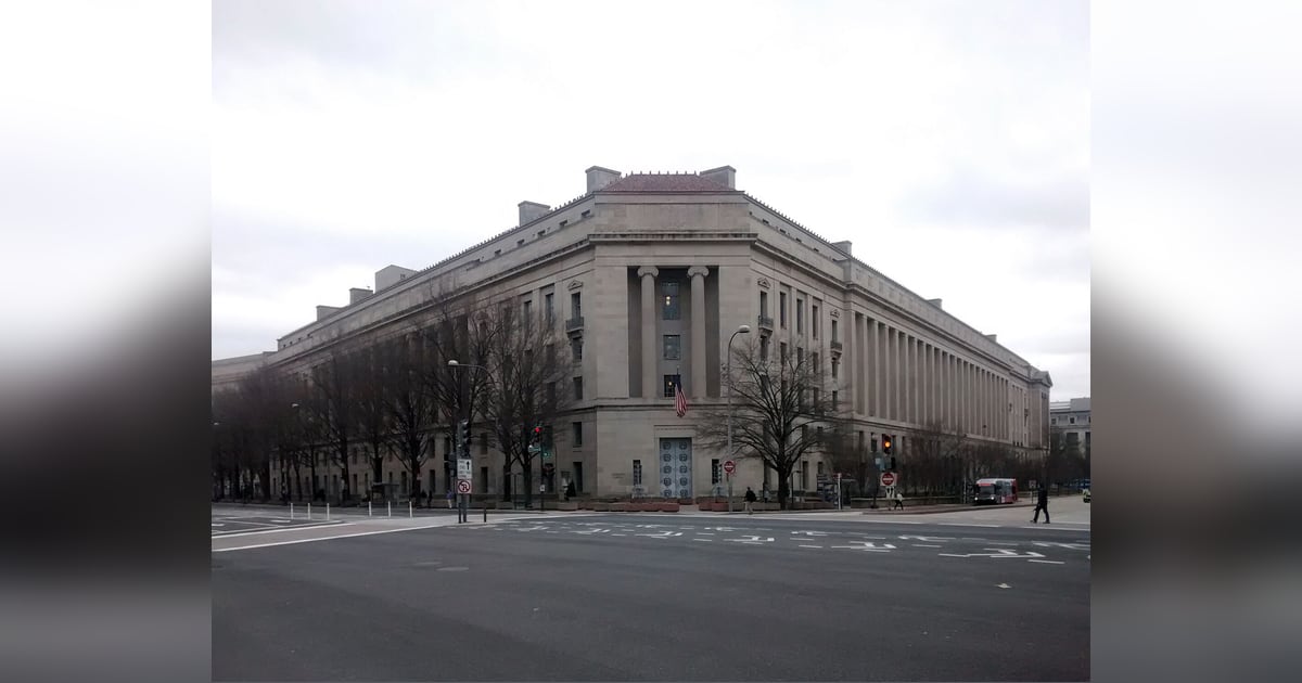 The limestone facade of the Justice Department headquarters in Washington