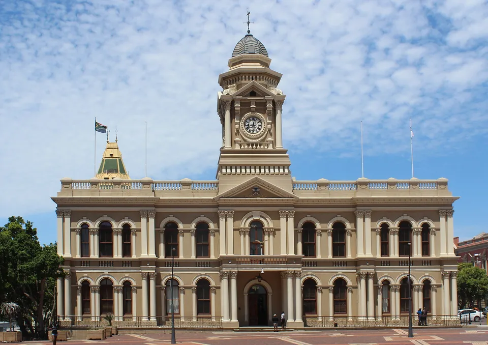 Front facade of the historic City Hall in Gqeberha, Nelson Mandela Bay, South Africa