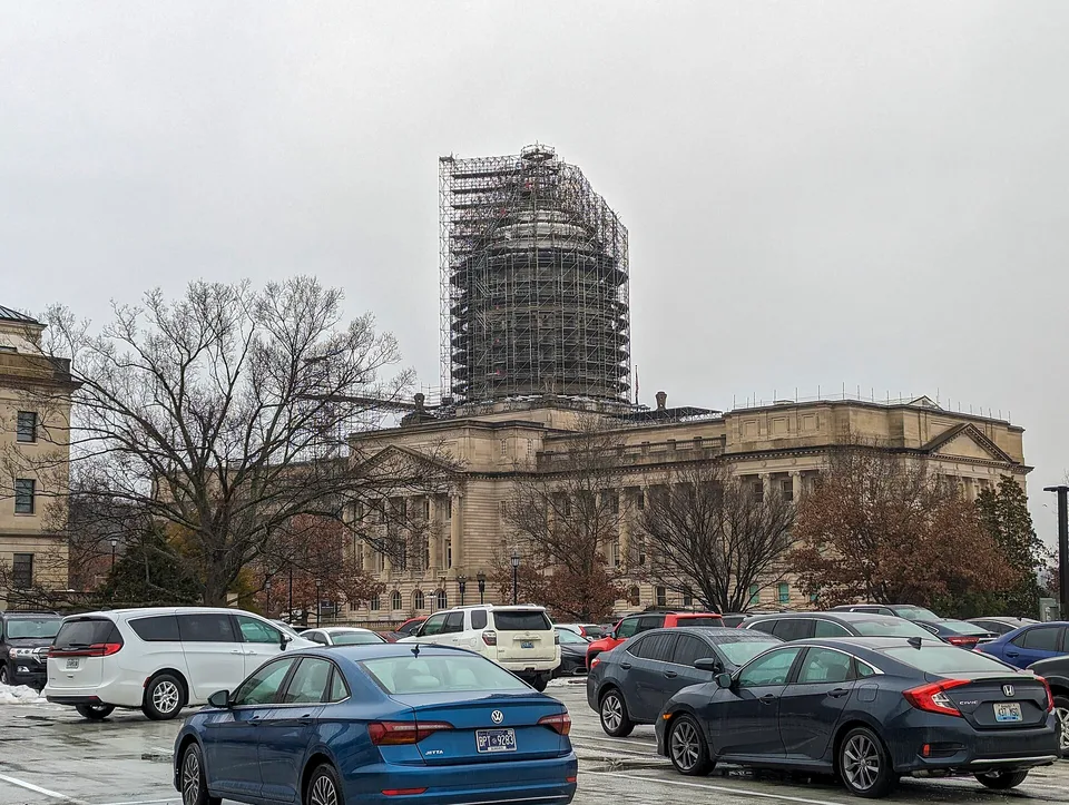 The Kentucky State Capitol with scaffolding on its dome
