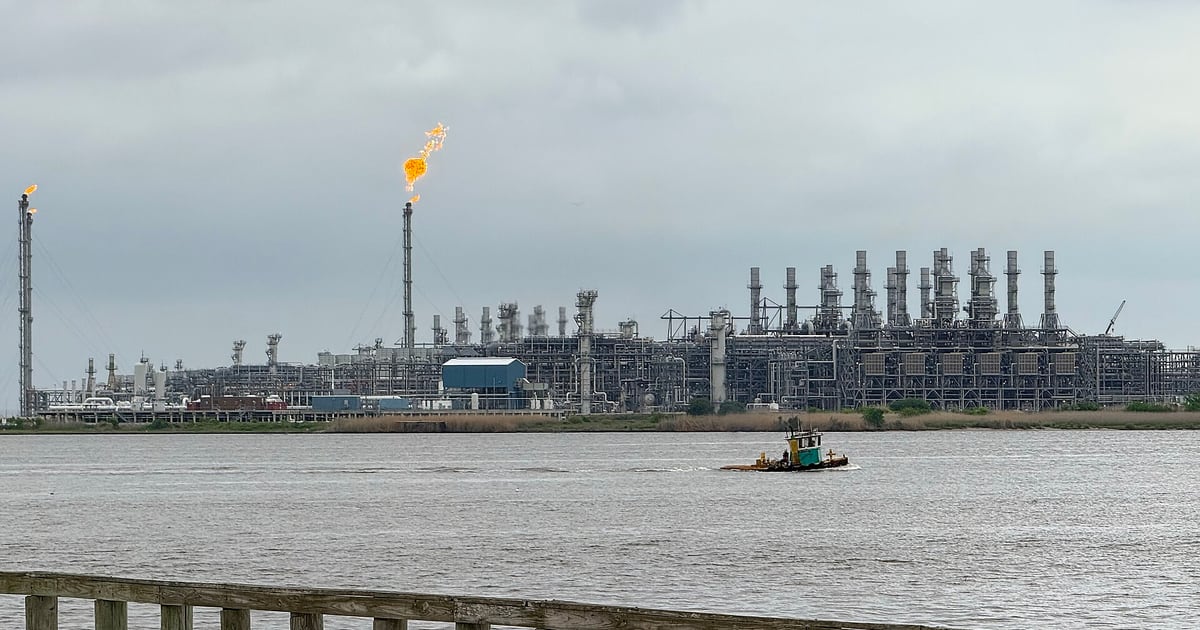 Storage tanks and liquefaction trains at the Sabine Pass LNG terminal in Louisiana