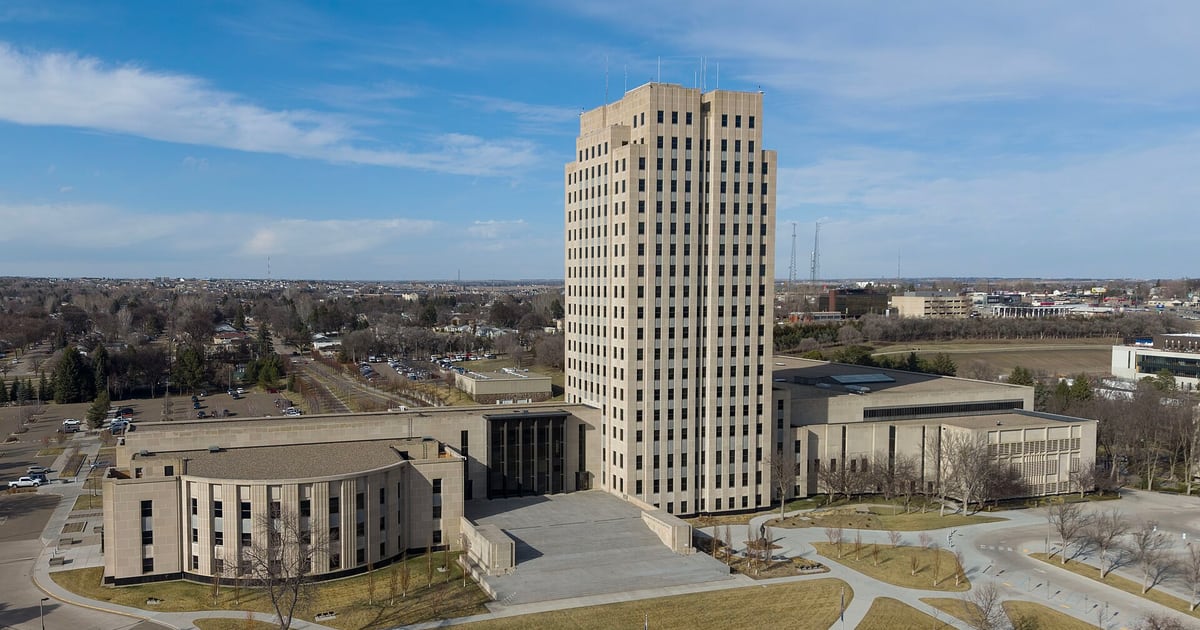 The North Dakota State Capitol in Bismarck from the air