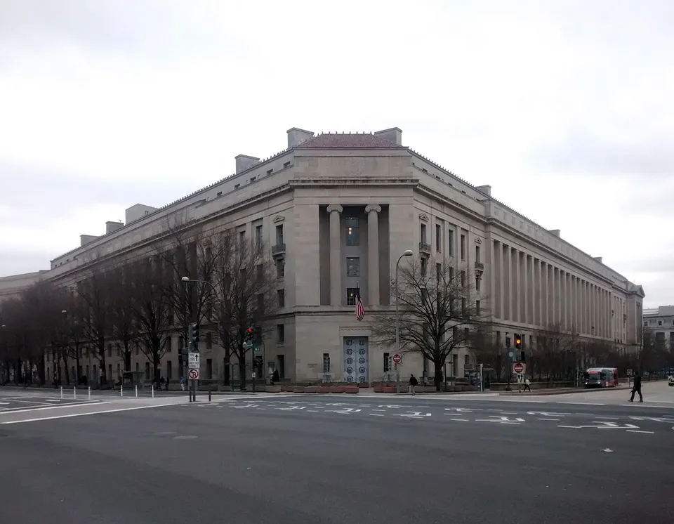 The limestone facade of the Justice Department headquarters in Washington