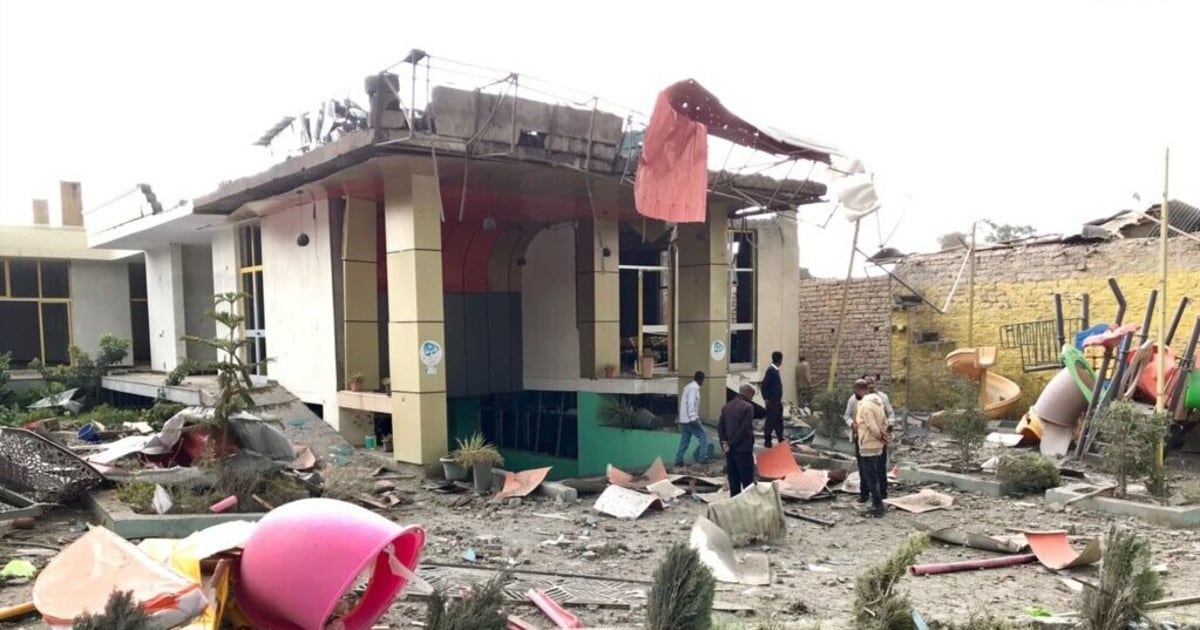 Damaged buildings and debris in Mekelle