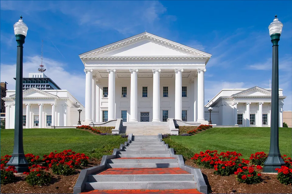 The Virginia State Capitol, a white columned building, in Richmond