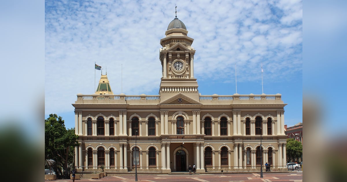 Front facade of the historic City Hall in Gqeberha, Nelson Mandela Bay, South Africa