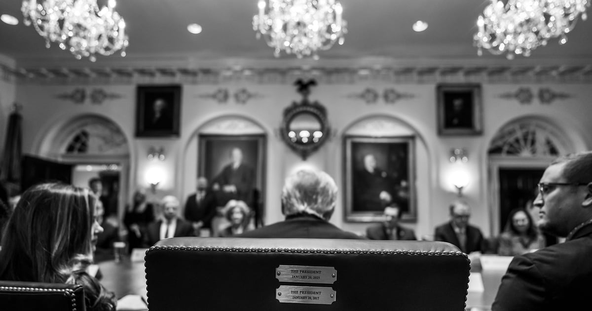 President Donald Trump at a Cabinet Room roundtable with Treasury Secretary Scott Bessent and Agriculture Secretary Brooke Rollins.
