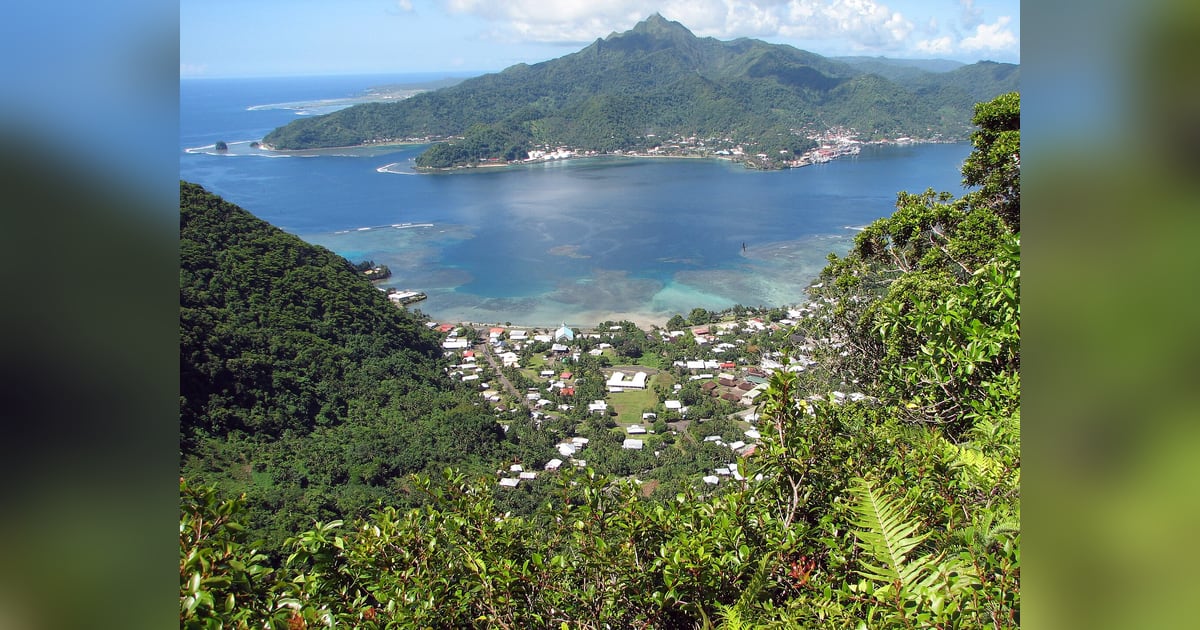 Pago Pago Harbor surrounded by steep green mountains on Tutuila Island, American Samoa.
